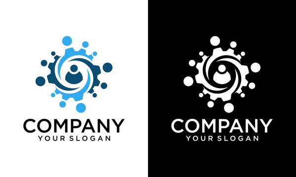 Vector Of Man And Gear Logo Combination. Face And Mechanic Symbol Or Icon. Unique Factory And Industrial Logotype Design Template.