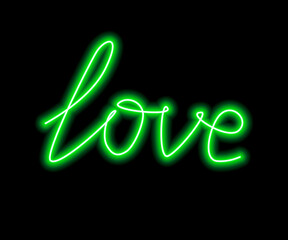 The neon word Love green color is isolated on a black background