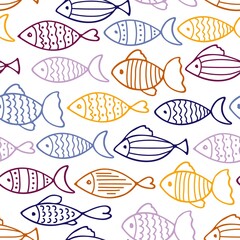 Multi-colored fish seamless pattern. Absrtact Fish icon backgroung. Sketch of fish vector isolated on white background. Varieties cartoon fishes for children's wallpaper, fabrics, scrapbooking.