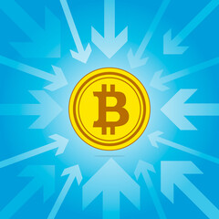 Bitcoin is the focus. The gold coin of the virtual crypto currency in the center is surrounded by arrows aimed at it. Arrows in a circle are directed to the center. Banner template