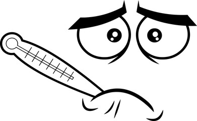 Outlined Sick Cartoon Funny Face With Tired Expression And Thermometer. Vector Illustration Isolated On White Background