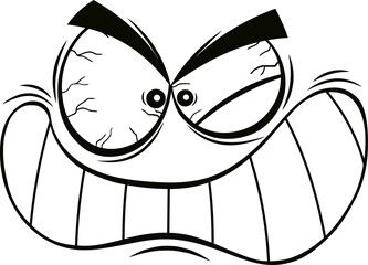 Outlined Aggressive Cartoon Funny Face With Angry Expression And Gnash Teeth. Vector Illustration Isolated On White Background