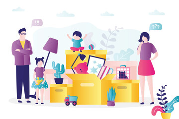 Happy family packing up for move to new home. Cardboard boxes with different household items