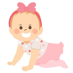 Cute baby girl with pink outfit crawling on floor
