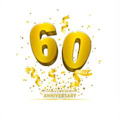 Poster template for Celebrating 60th anniversary event party. Gold 3d numbers with glitter gold confetti, serpentine. Festive background for celebration event, wedding, greeting card, and invitation