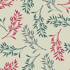 Fototapeta premium Foliages seamless pattern. Doodle sketch illustration. Floral Herb Design elements. Botanical forest tree foliage. Plant pattern For print, textile, fabric, wrapping paper, wallpaper, scrapbooking
