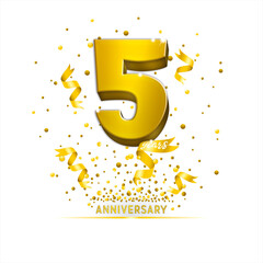 Fototapeta premium Poster template for Celebrating 5 anniversary event party. Gold 3d numbers with glitter gold confetti, serpentine. Festive background for celebration event, wedding, greeting card, and invitation