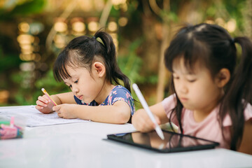 Kids studying at home during quarantine period for prevention of coronavirus or covid-19 outbreak.