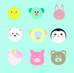 Cute Animal Vector Faces Emoji including Penguin, Polar Bear, Unicorn, Monkey, Chick, Rabbit, Bunny, Pig, Bear, and Koala Zoo Park Creatures