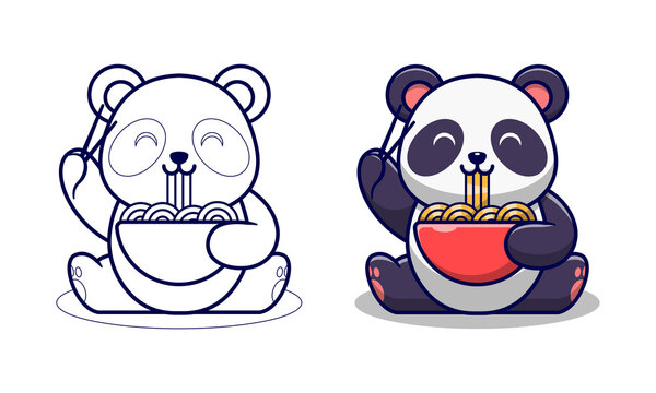 Cute Panda Eating Ramen Noodles Cartoon Coloring Pages For Kids