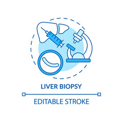 Liver biopsy concept icon. Liver diagnostics idea thin line illustration. Tissue sample collection. Inflammation, cancerous cells detection. Vector isolated outline RGB color drawing. Editable stroke