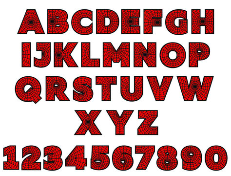 Spider font. Spiderman alphabet. Black and red letters with cobwebs. For printing children's parties and more
