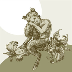 Brooding Faun,engraved in the Baroque style. - obrazy, fototapety, plakaty