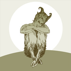 The Faun is thoughtful, an engraving in the Baroque style. - obrazy, fototapety, plakaty