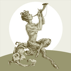 Engraving baroque faun with horn. - obrazy, fototapety, plakaty