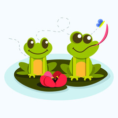 Frogs on lily pads. Two frogs are sitting on water lily. Flat vector illustration.