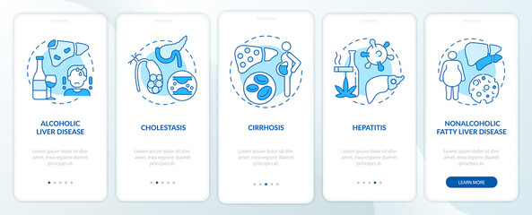 Hepatic disease types onboarding mobile app page screen with concepts. Fibrosis, cirrhosis walkthrough 5 steps graphic instructions. UI, UX, GUI vector template with linear color illustrations