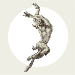 Dancing faun in the jump. Etching. - obrazy, fototapety, plakaty