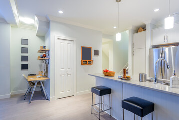 Modern, bright, clean, kitchen interior with stainless steel appliances in a luxury house