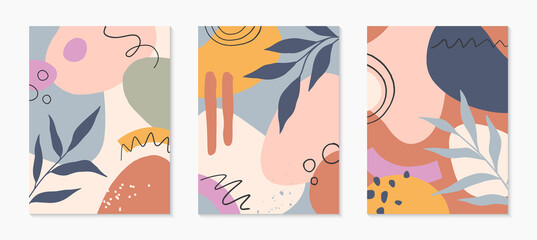 Set of mid century modern abstract vector illustrations with organic shapes and leaves.Minimalistic art prints.Trendy artistic designs perfect for banners;social media,invitations;branding,covers