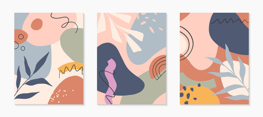 Fototapeta na wymiar Set of mid century modern abstract vector illustrations with organic shapes and leaves.Minimalistic art prints.Trendy artistic designs perfect for banners;social media,invitations;branding,covers