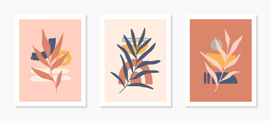 Set of mid century modern abstract vector illustrations with organic shapes and leaves.Minimalist art prints.Trendy artistic designs perfect for banners;social media,invitations,covers,wall art decor