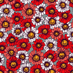 Chamomile hand draw flowers and petals line art seamless pattern. Summer flowers pattern. Monochrome seamless vector chamomile flowers pattern. Vector seamless line art pattern.