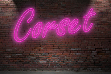 Obraz premium Neon BDSM Corset (in german Korsett or Korsage) outfit lettering on Brick Wall at night