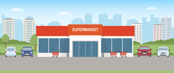 Obraz premium Supermarket building with parking lot. Urban landscape. Flat style, vector illustration.