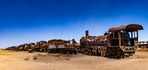 Bolivia. Uyuni (city). Rusty old trains at the train cemetery - one of the major tourist...