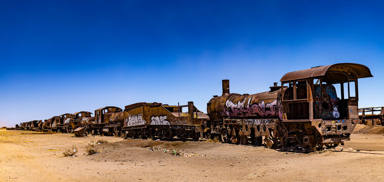 Bolivia. Uyuni (city). Rusty old trains at the train cemetery - one of the major tourist attractions of the city