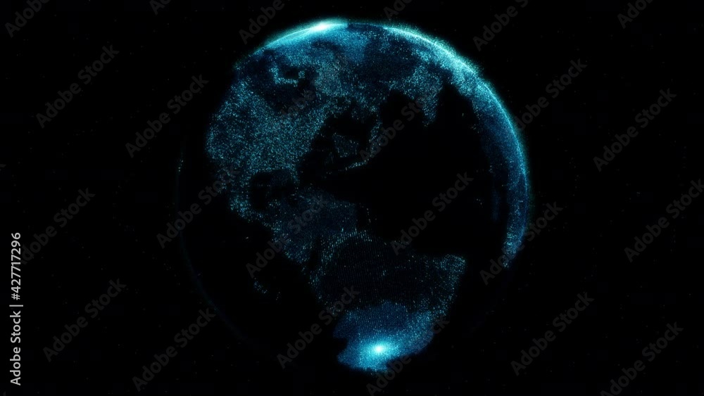 Aufkleber earth digital particle motion graphic glow turn around with 3d rendering.