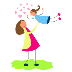 Vector graphics - a happy loving mother lifts her little smiling daughter in her arms. Imitation of a naive child's drawing. Mother's Day Concept