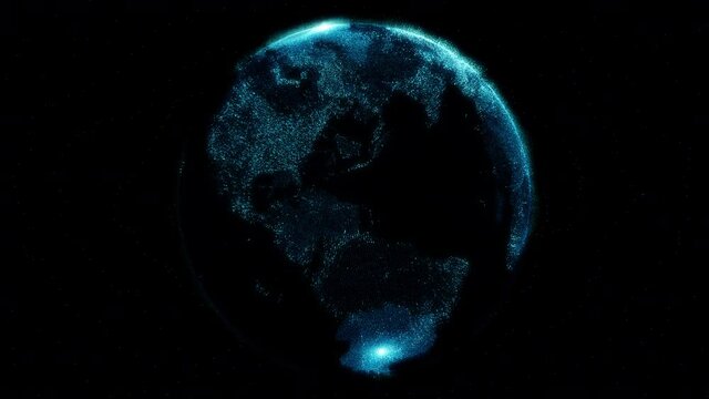 Earth digital particle motion graphic glow turn around with 3d rendering.
