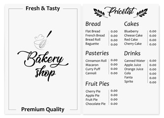 Illustration sticker business card pricelist for bakery shop fresh and tasty premium quality