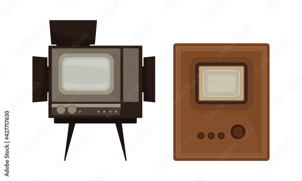 Poster retro television set or television receiver with display for viewing and hearing television broadcas