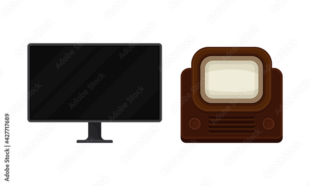 Poster retro television set or television receiver with display for viewing and hearing television broadcas