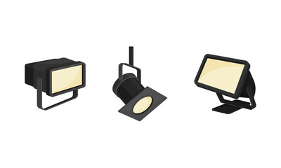 Photographer Studio Lighting Equipment with Spotlight and Lamp Vector Set