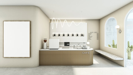 Cafe shop design Minimalist,White top counter,Wood slat counter,Shelf on white wall,Frame mockup on cream wall,Concrete floors -3D render