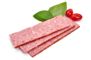 Salami sausage slices, isolated on white background. High resolution image