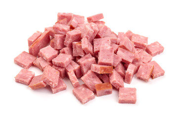 Salami sausage slices, cut by cubes, ingredients, isolated on white background. High resolution image