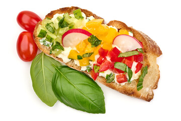 Bruschetta with mozzarella cheese, isolated on white background. High resolution image