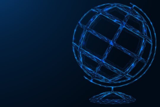 Layout of the globe on a stand. A polygonal three-dimensional model consisting of concatenated lines and points. Blue background.
