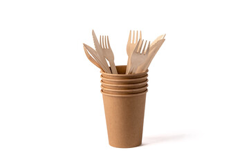 Disposable wooden cups for coffee and tea. Cutlery in a cup.