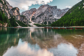 Panoramic view of Lake Braies in the Dolomites, Italy.