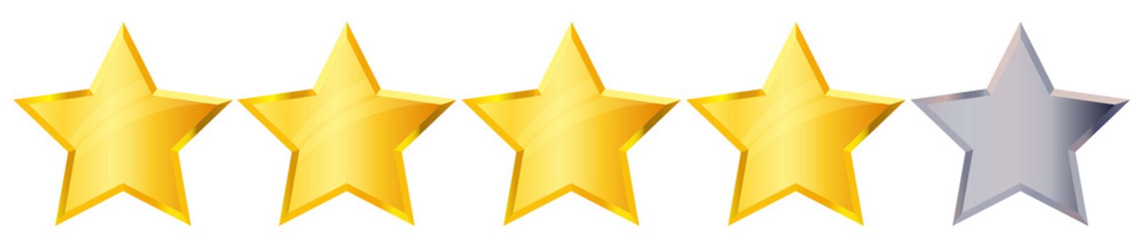 Four 4 star rank sign. Glossy golden star sticker icon rating isolated on black background. 3d four gold stars and grey star with lens flare and shine. Service rating, achievement symbol. JPG