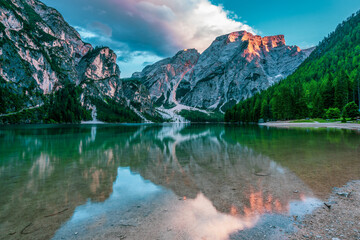 Panoramic view of Lake Braies in the Dolomites, Italy.