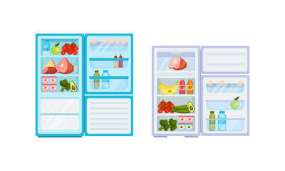 Open Refrigerator or Fridge as Home Appliance for Food Storage with Foodstuff Inside Vector Set