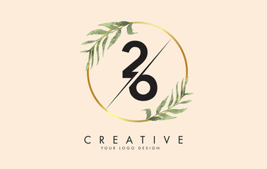 Number 26 2 6 logo design with golden circles and green leaves on branches around. Vector Illustration with numbers 2 and 6.