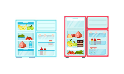 Naklejka na ściany i meble Open Refrigerator or Fridge as Home Appliance for Food Storage with Foodstuff Inside Vector Set